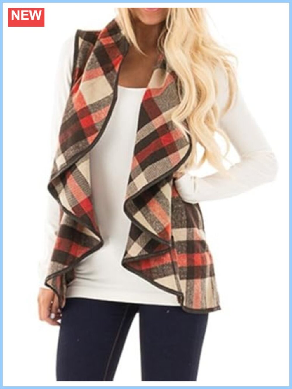Women Plaid Vest Lapel Open Front Sleeveless Cardigan Asymmetric Hem Pockets